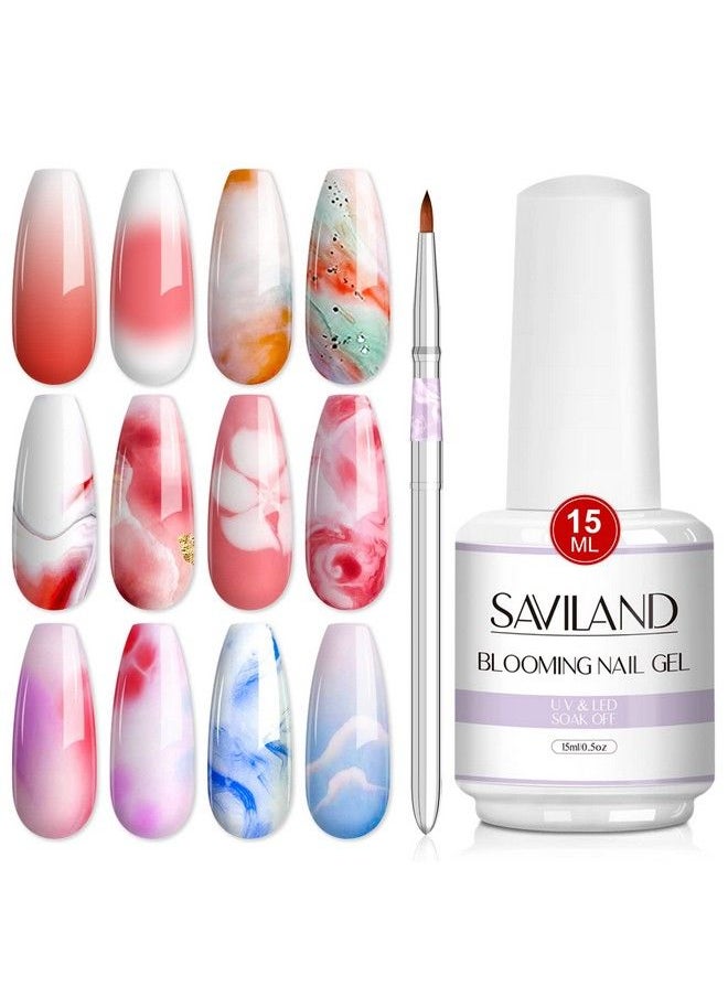 Saviland Blooming Nail Gel 15Ml Clear Blooming Nail Gel Nail Polish Blossom Gel Soak Off U V Led With Nail Art Brush Manicure Kit For Spreading Marbles Effect Nail Salon Home Diy  - Image 1