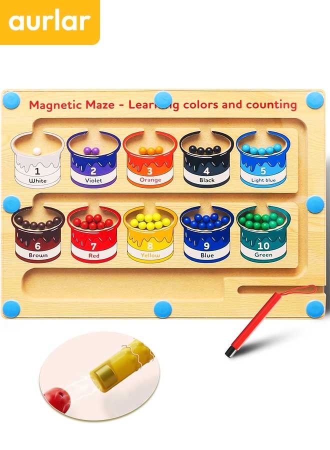 Wooden Magnetic Maze for Toddler, Magnetic Color and Number Maze, Montessori Wooden Color Matching Learning Counting Puzzle Board, Counting Matching Activities Fine Motor Skills Toys for Kids - Image 1