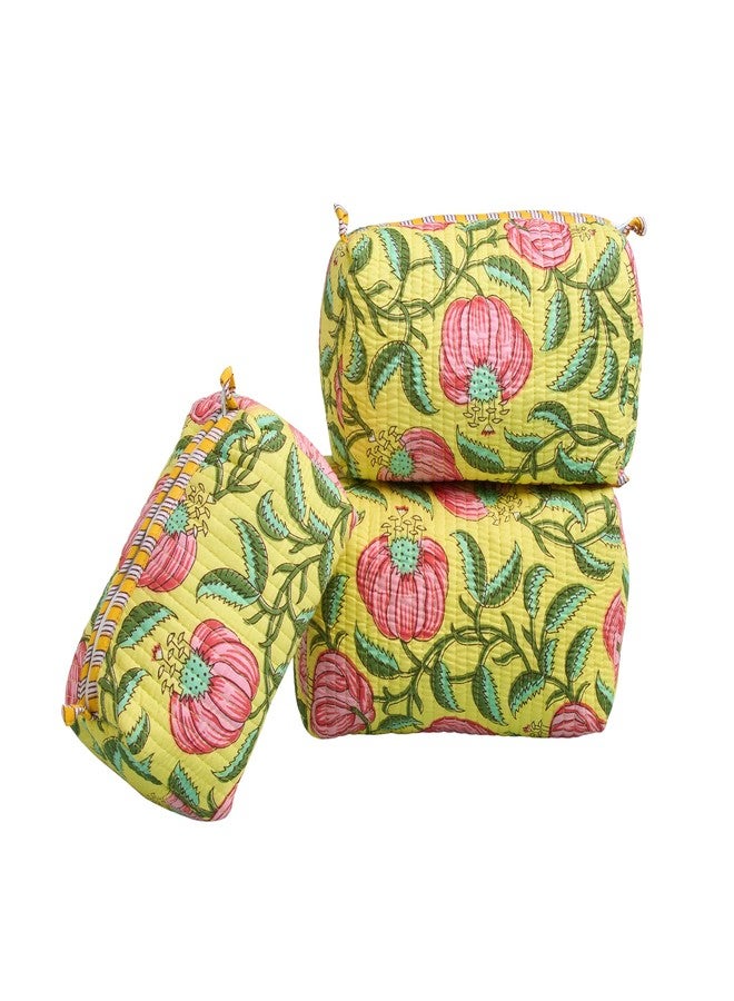 AYUDA HOMES Travel Pouch Waterproof Cotton Storage Bag Multi-Utility Makeup, Toiletry & Cosmetic Organizer for Women | Portable Travel Essentials (Pack of 3) (Yellow-Pink) - Image 1