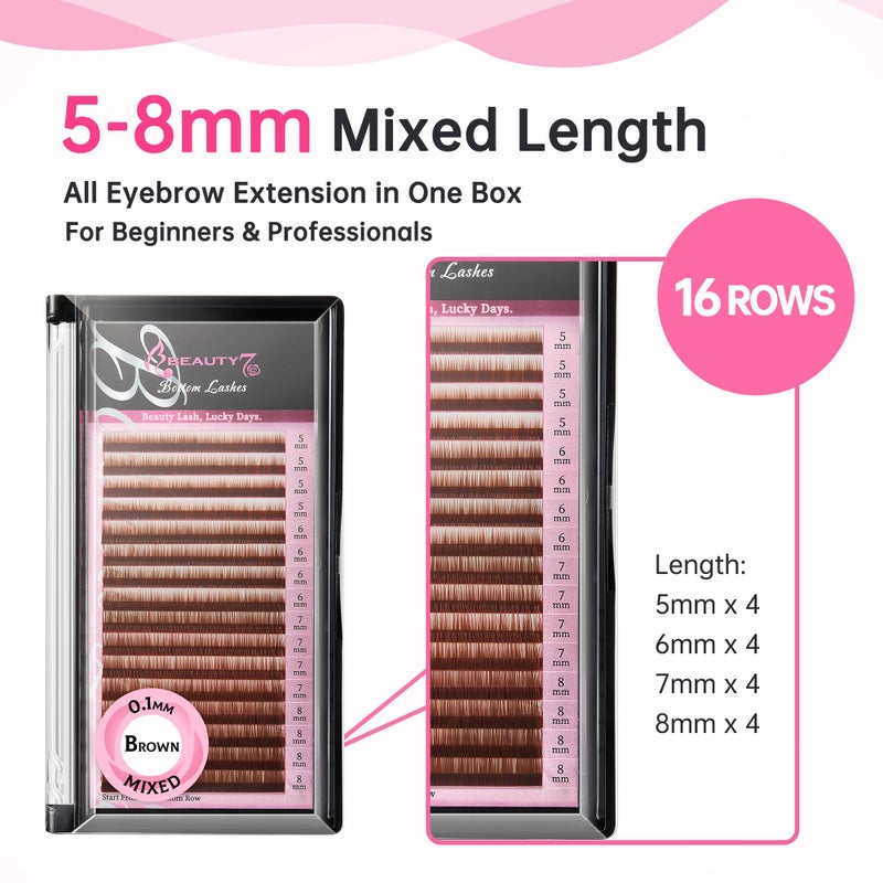 Beauty7 Brown Eyebrow Extensions Matte Individual Eyebrow False Lash Extension Tray Synthetic Mink 0.1mm Thickness Mixed 5/6/7/8mm Length Professional Tech (Brown) - Image 3