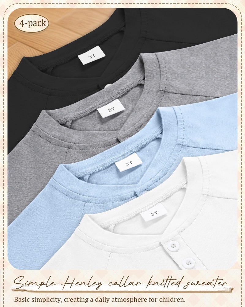 LessonZoo 4 Pack Boys' Long Sleeve T-Shirts Girls' Henley Tees Casual Toddler Shirts Solid Baby Winter Clothes Unisex(Haze Blue, White, Black, Gray,12-18 Months) - Image 3