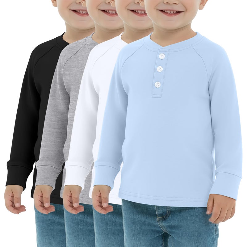 LessonZoo 4 Pack Boys' Long Sleeve T-Shirts Girls' Henley Tees Casual Toddler Shirts Solid Baby Winter Clothes Unisex(Haze Blue, White, Black, Gray,12-18 Months) - Image 1