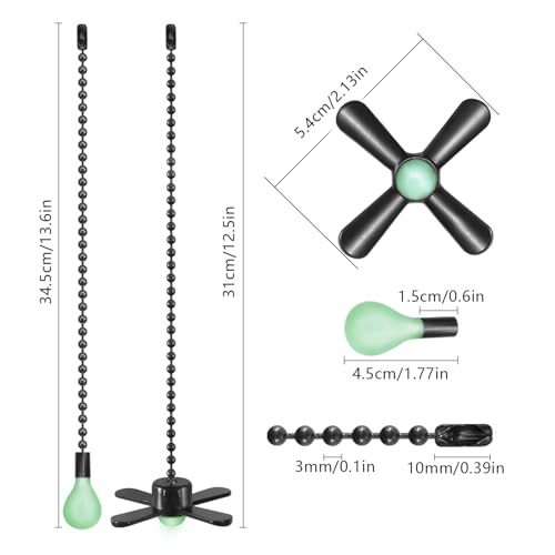 Dotlite Black Ceiling Fan Pull Chain Set, 2Pack 3mm Diameter Beaded Fluorescent Decorative Pendant Extension, 12in Lighting & Fan Chain Extender with Connector Glow in The Dark(Black) - Image 2