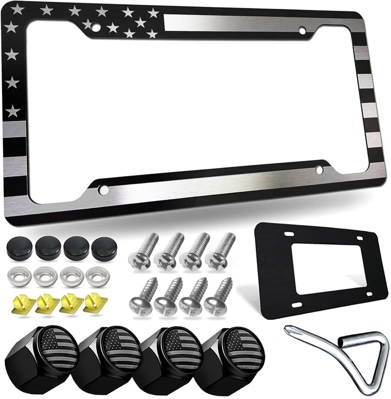 FBJTDQ Tuersan American Flag License Plate Frame Patriotic USA Flag Car Tag Cover, Rust Rattle Proof Aluminum Holder with Mounting Hardware Kit,Rust Resistant Screws Bolts,Black Caps, Tire Valve Stem Caps - Image 1