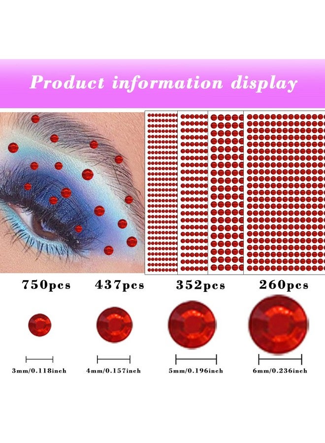 Jacnkb 1799 Pcs 4 Sheets Rhinestone Stickers 3/4/5/6 mm Self Adhesive Rhinestones Gems for Face Eyes Makeup Hair Body (Red-3/4/5/6mm) - Image 2