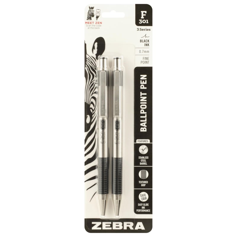 Zebra Pen F-301 Ballpoint Black Ink Fine Point 0.7mm Pen, Easy-Glide Ink, Stainless Steel Retractable, Non-Slip Grip, Professional Design, Ideal for Office, Journal and Planner Use, 2-Pack (27112) - Image 1