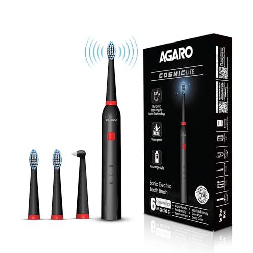AGARO فرشاة أسنان كهربائية سونيك AGARO COSMIC Lite للكبار مع 6 أوضاع، 3 رؤوس فرشاة، رأس بين الأسنان واحد وقابلة لإعادة الشحن مع شحن يدوم 3.5 ساعات حتى 25 يوم، فرشاة أسنان كهربائية، أسود - Image 1
