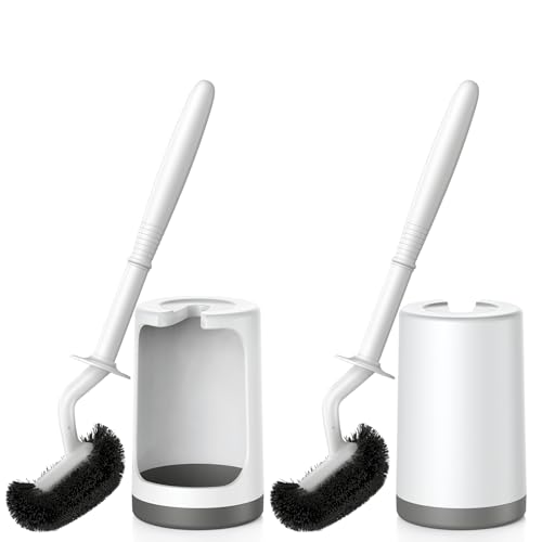 HAMITOR Toilet Bowl Brush Holder Set: Curved Design with Holder for Deep Cleaning Under Rim - Compact Hidden Scrubber for Small Space - Modern RV Bathroom Accessories - 2 Pack - Image 1