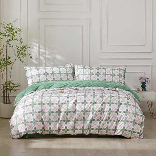 SAPHREAS Queen Size Boho Duvet Cover Green Paisley Bedding Set with 8 Corner Ties and 2 Pillow Shams Microfiber Reversible Duvet Cover Set with Zipper Closure - Image 1