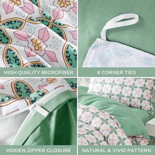 SAPHREAS Queen Size Boho Duvet Cover Green Paisley Bedding Set with 8 Corner Ties and 2 Pillow Shams Microfiber Reversible Duvet Cover Set with Zipper Closure - Image 5