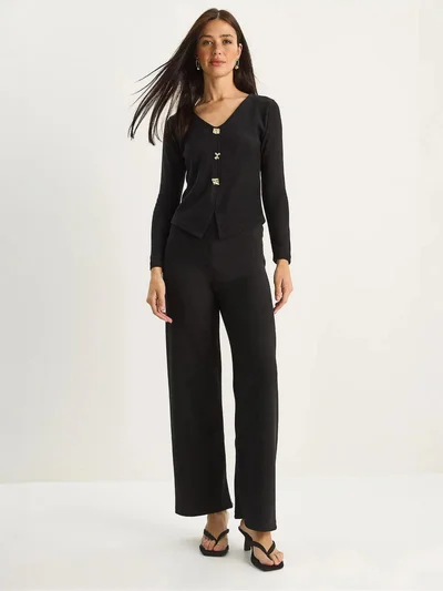 Bianco Lucci LUCCI V-Neck Knitted Wide Leg Two-Piece Set