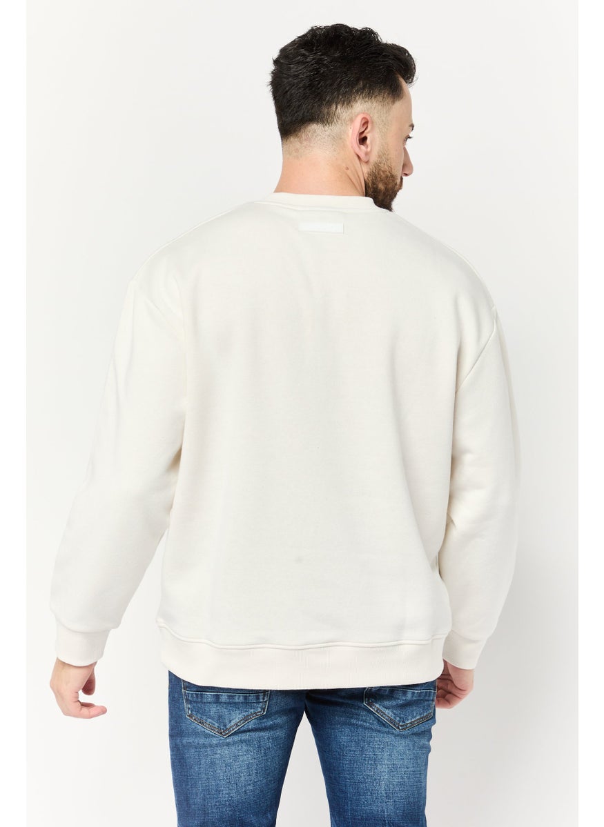 Algspar Men Crew Neck Brand Logo Long Sleeve Sweatshirts, Off White  - Image 4
