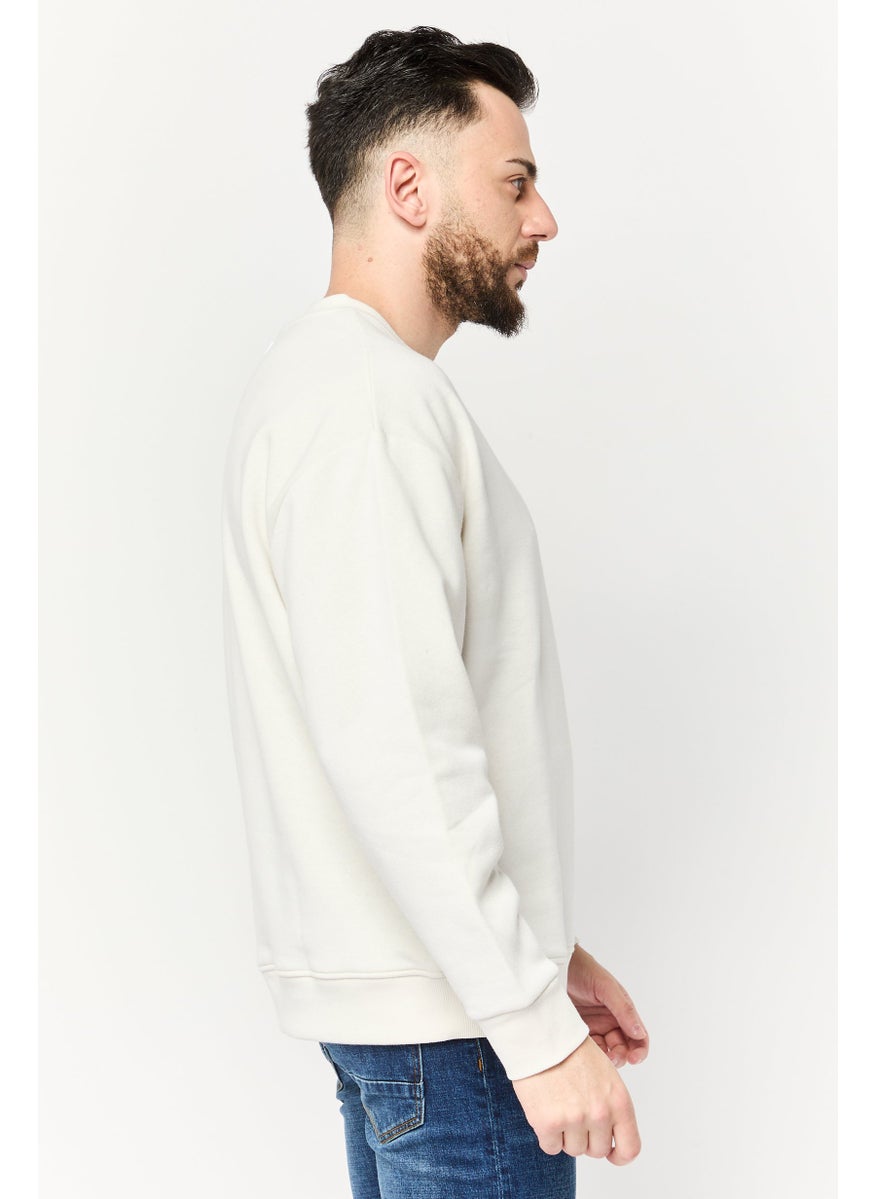 Algspar Men Crew Neck Brand Logo Long Sleeve Sweatshirts, Off White  - Image 3