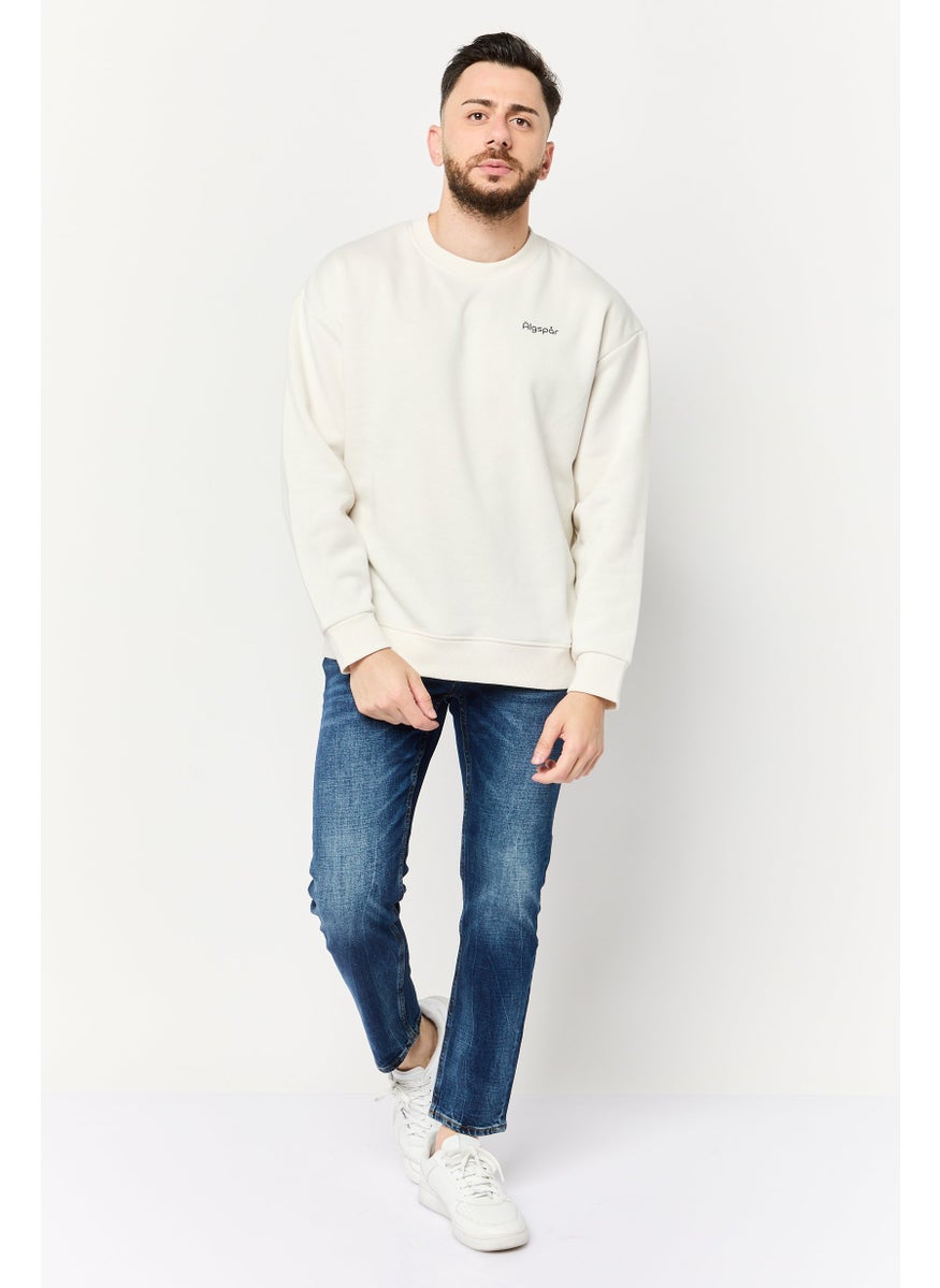 Algspar Men Crew Neck Brand Logo Long Sleeve Sweatshirts, Off White  - Image 2