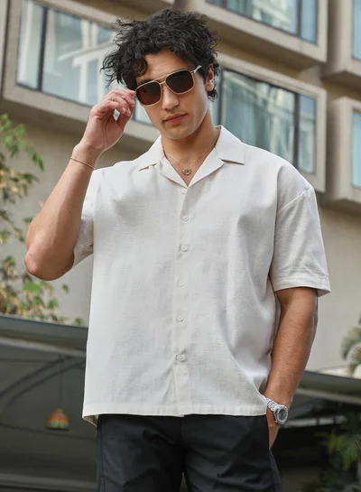 Campus Sutra Men's Ivory White Solid Resort Overised Shirt