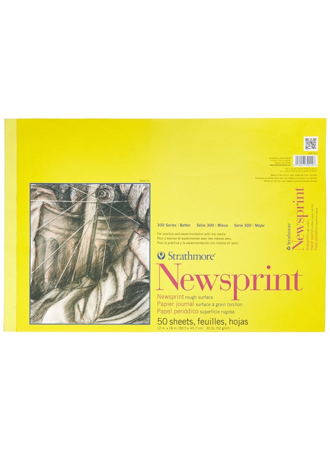 Strathmore 300 Series Newsprint Paper Pad, Tape Bound, 12x18 inches, 50 Sheets (32lb/52g) - Art Paper for Adults and Students - Practice Sketching with Charcoal, Graphite and Pencil - Image 1