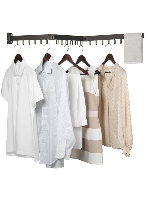 Wall Mounted Drying Rack, Foldable Clothes Hanger Rack with 18 Hooks and Towel Holder, Clothing Drying Rack for Balcony, Laundry, Bathroom (Black)