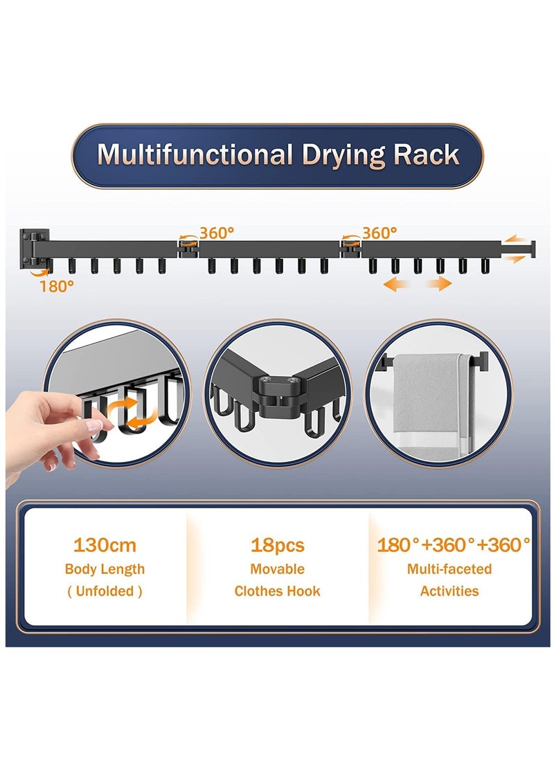 Arabest Wall Mounted Drying Rack, Foldable Clothes Hanger Rack with 18 Hooks and Towel Holder, Clothing Drying Rack for Balcony, Laundry, Bathroom (Black)  - Image 4