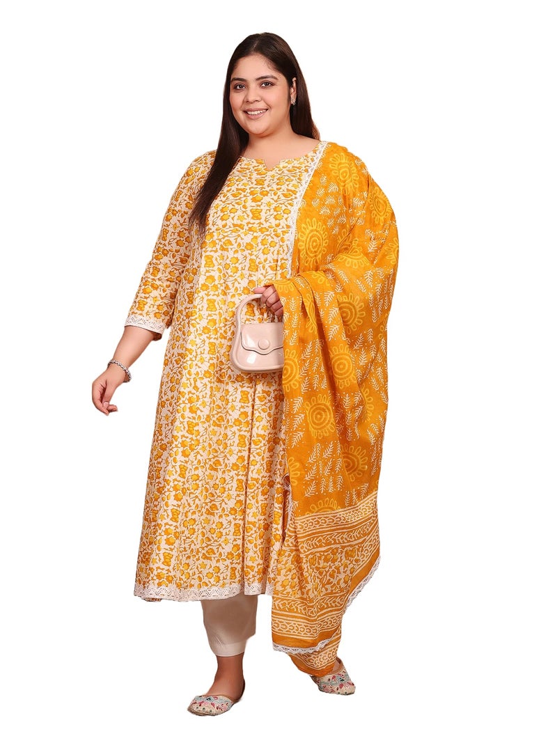 MEERA FAB Plus Size Printed Pure Cotton Anarkali Kurta with Palazzos & Dupatta Yellow - Image 1