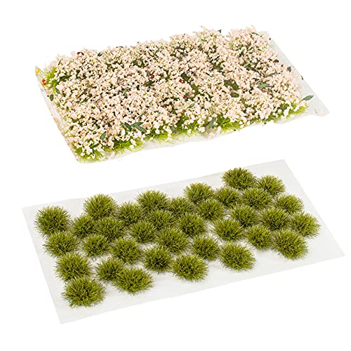 Warmtree 35 Pcs Static Grass Tuft Model Grass Tufts Railway Artificial Grass and 28 Pcs Bushy Tuft Pink Flower Cluster Vegetation Groups for DIY Architecture Building Model Train Landscape Railroad Scenery - Image 1