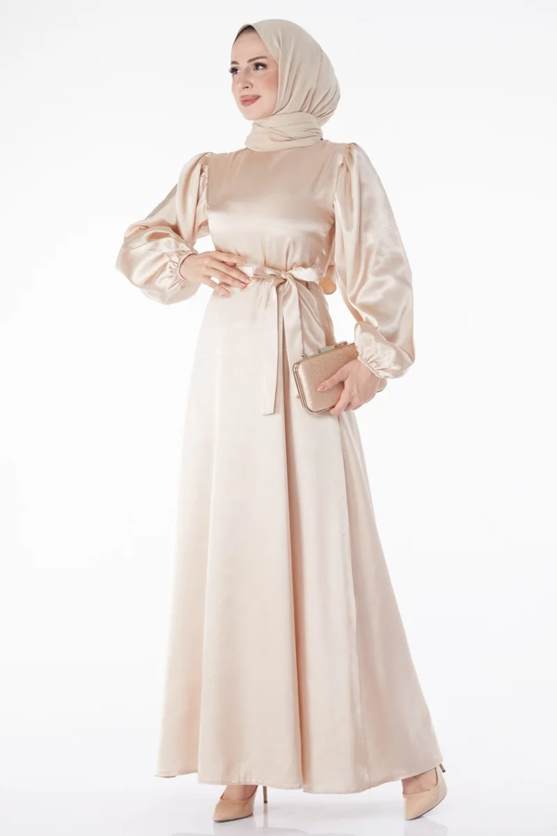 Tofisa Plain Crew Neck Women's Beige Belted Dress - 13160