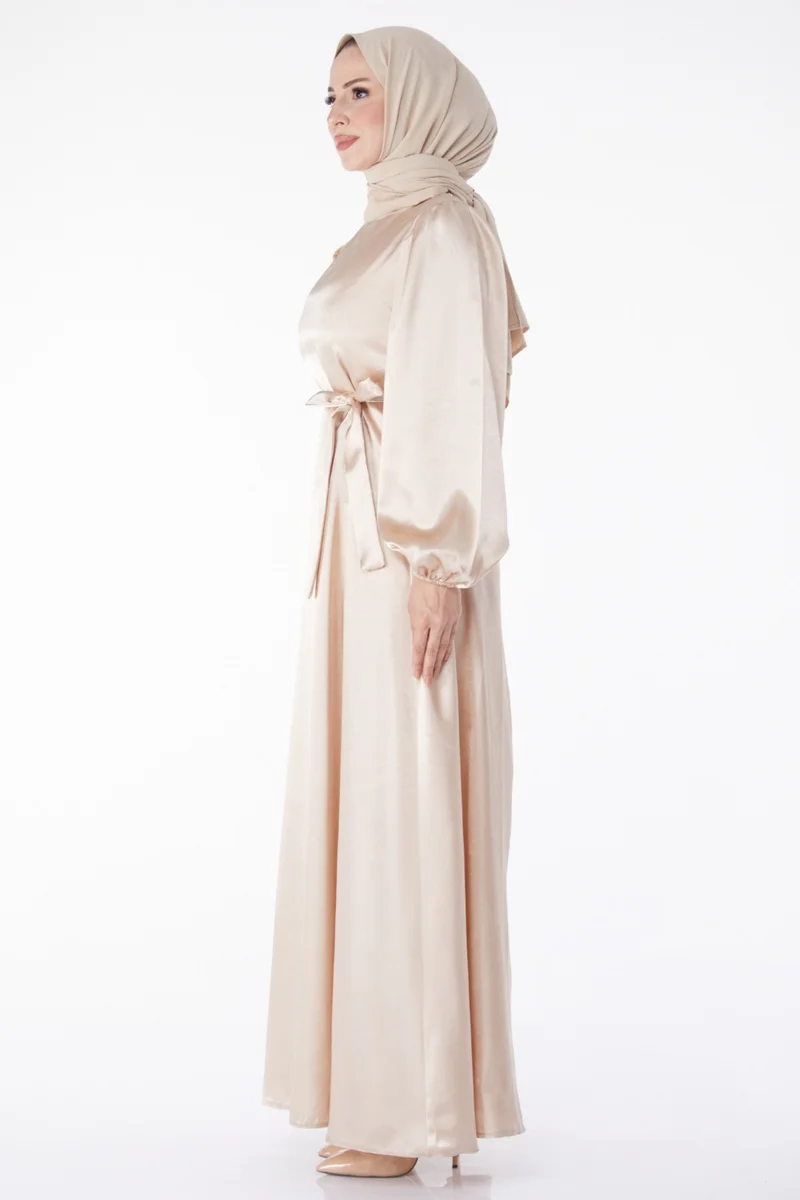 Tofisa Plain Crew Neck Women's Beige Belted Dress - 13160