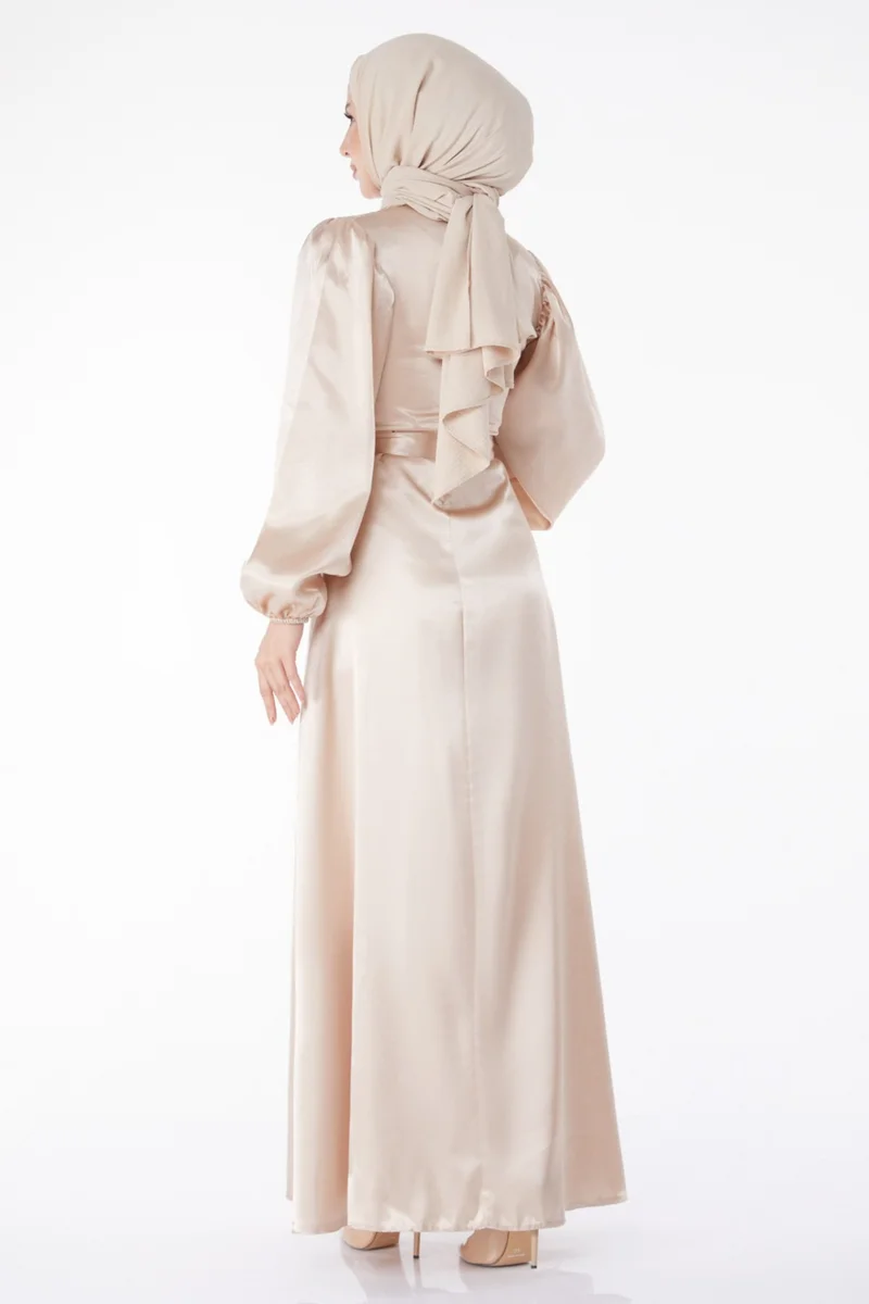 Tofisa Plain Crew Neck Women's Beige Belted Dress - 13160