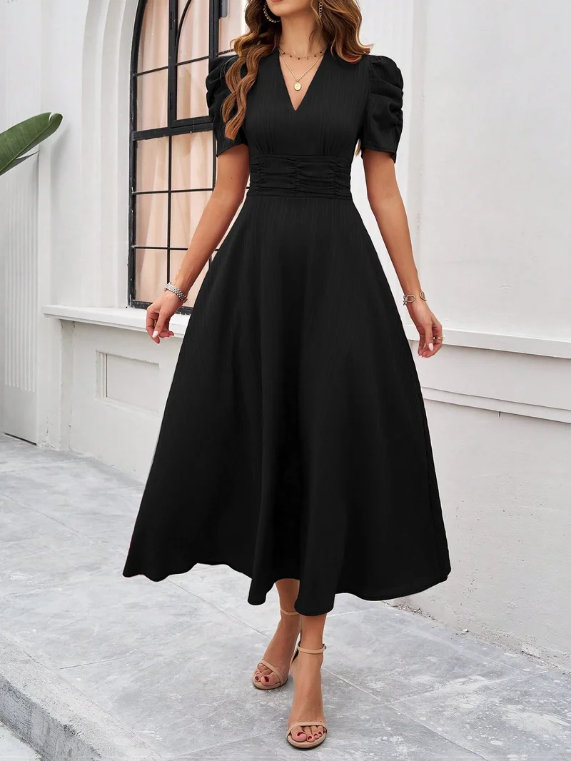 Outzidr  Black Fit And Flare Midi Dress for Women | Best Price UAE