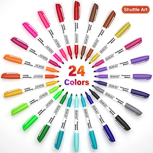 Shuttle Art Permanent Markers 24 Colors Fine Point Assorted Colors Permanent Marker Set Works on PlasticWoodStoneMetal and Glass for Doodling Coloring Marking - Image 3