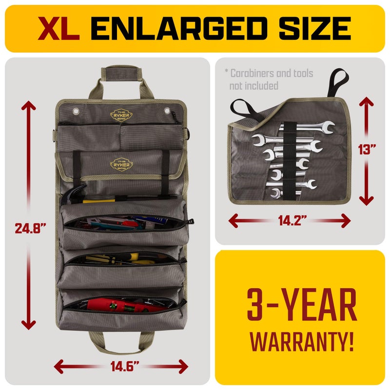 The Ryker Bag The Ryker PRO Official Roll Up Tool Bag Organizer Gifts for Dad. Motorcycle Tool Bag Organizer for Mechanic & Tools Storage Toolbag Tools Bags Mens gifts for him - w/4 Detachable Pouches & Wrench Roll - Image 3