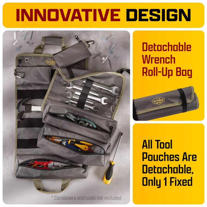 The Ryker Bag The Ryker PRO Official Roll Up Tool Bag Organizer Gifts for Dad. Motorcycle Tool Bag Organizer for Mechanic & Tools Storage Toolbag Tools Bags Mens gifts for him - w/4 Detachable Pouches & Wrench Roll - Image 2