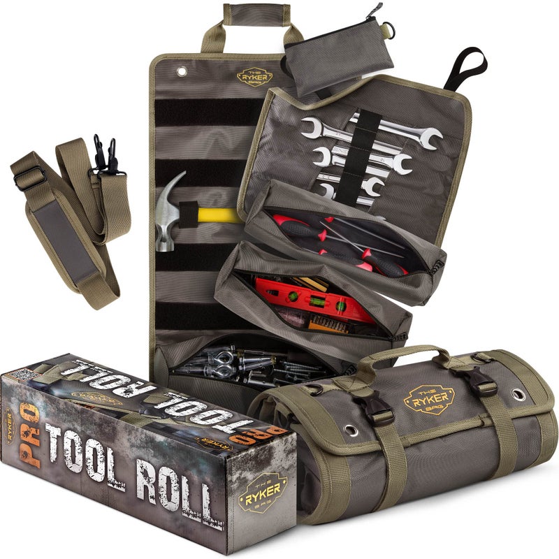 The Ryker Bag The Ryker PRO Official Roll Up Tool Bag Organizer Gifts for Dad. Motorcycle Tool Bag Organizer for Mechanic & Tools Storage Toolbag Tools Bags Mens gifts for him - w/4 Detachable Pouches & Wrench Roll - Image 1