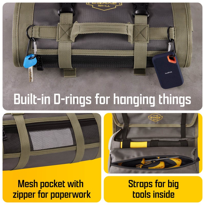The Ryker Bag The Ryker PRO Official Roll Up Tool Bag Organizer Gifts for Dad. Motorcycle Tool Bag Organizer for Mechanic & Tools Storage Toolbag Tools Bags Mens gifts for him - w/4 Detachable Pouches & Wrench Roll - Image 5