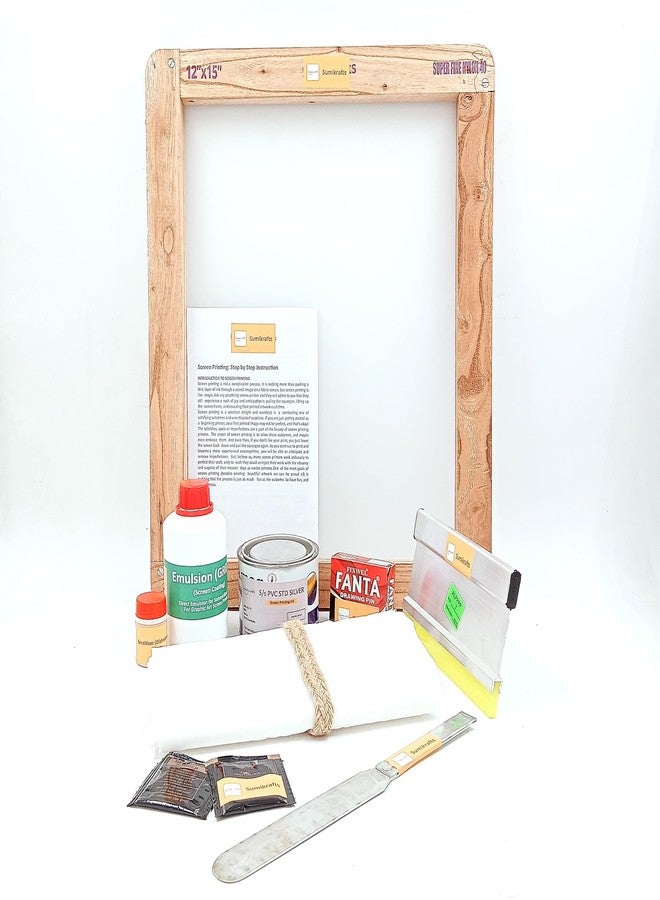 sumikrafts Screen Printing kit: Screen Frame 12x15 with pre Stretched Nylon mesh no 40+ PVC Ink Silver 250gm for Graphic Arts Screen Printing - Image 1