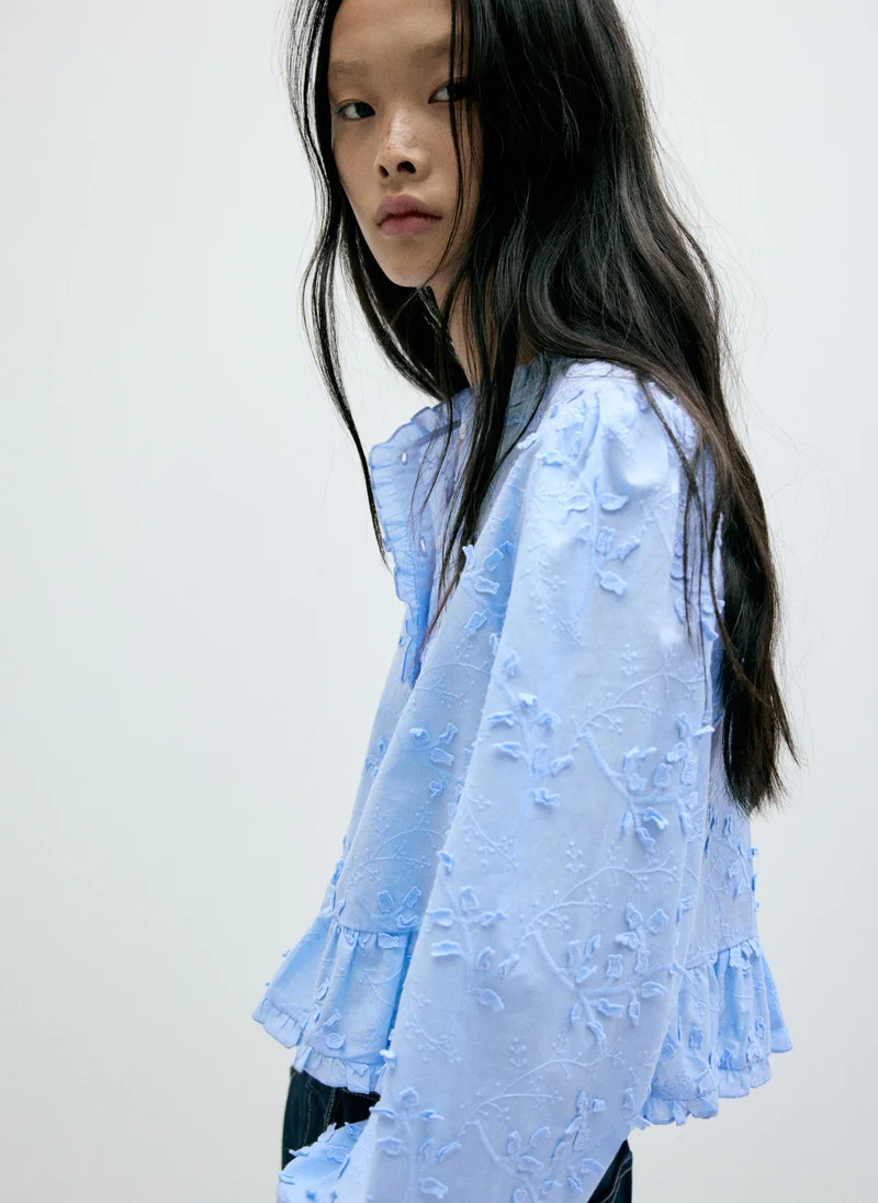 Mango 52-AZUL Embroidered Blouse With Frill Detail for Women | Best Price UAE