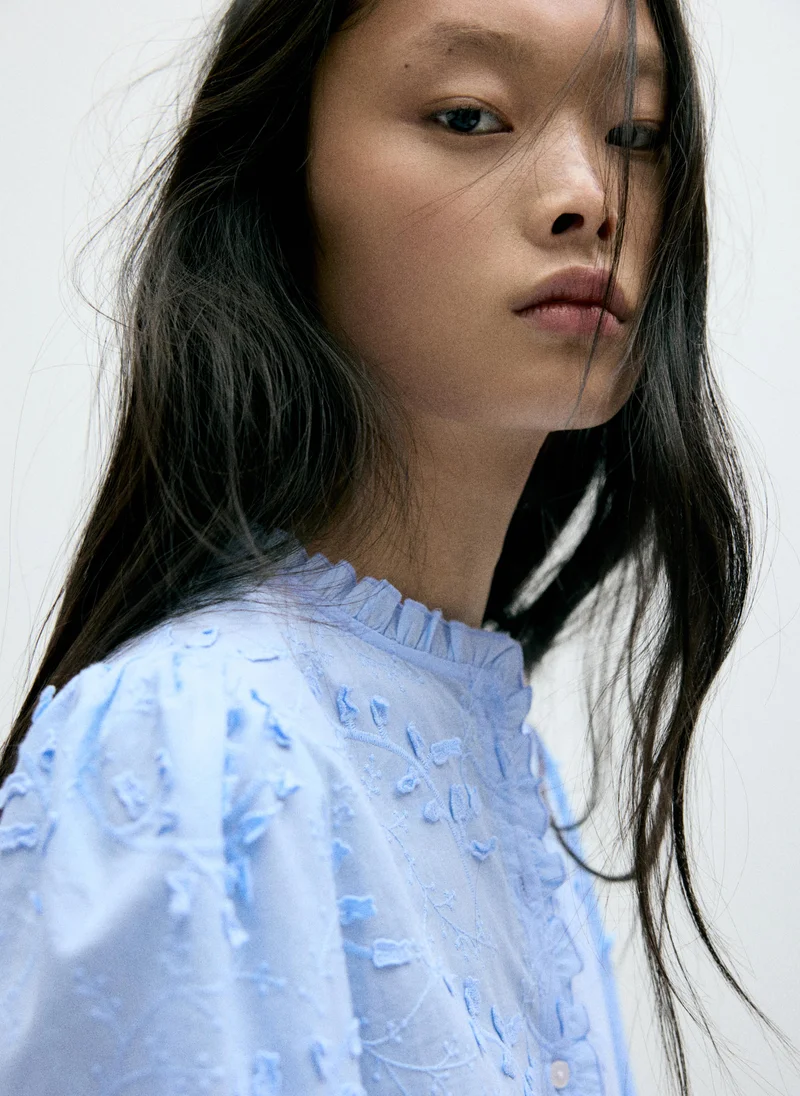 Mango 52-AZUL Embroidered Blouse With Frill Detail for Women | Best Price UAE