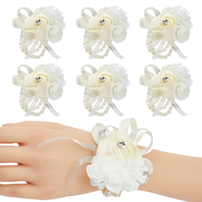Meldel Champagne Wrist Corsage for Prom 6pcs Beige Rose Corsages for Bridal Bridesmaid Girl Women Wrist Flower for Wedding Mother of Bride and Groom Hand Flower for Homecoming Anniversary Party