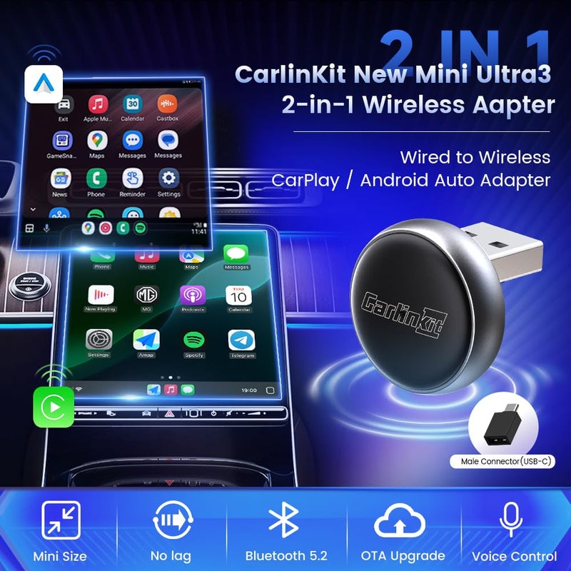 Carlinkit Mini Ultra3 Wireless CarPlay & Android Auto Adapter for OEM Wired Cars - 2.4/5Ghz WiFi Fast Boot, Plug & Play, Online Update, Mini Desgin Compatible with iOS 10+/Android 11.0+ - Image 3