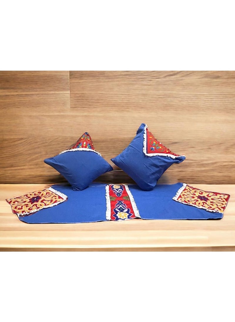 ماركة غير محددة طقم للكنبه قماش دك في خيامي 3 قطع (1 رانر+2 غطاء وساده) - ازرق  - Image 2