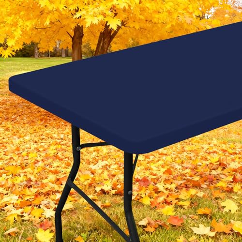Smiry Rectangle Picnic Table Cloth, Waterproof Elastic Fitted Tablecloths for 6 Foot Tables, Washable Polyester Table Cover for Camping, Indoor and Outdoor (Navy, 30"x72") - Image 1