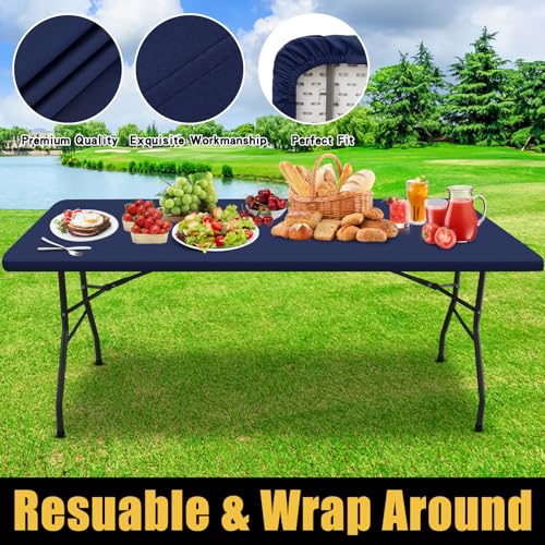 Smiry Rectangle Picnic Table Cloth, Waterproof Elastic Fitted Tablecloths for 6 Foot Tables, Washable Polyester Table Cover for Camping, Indoor and Outdoor (Navy, 30"x72") - Image 5
