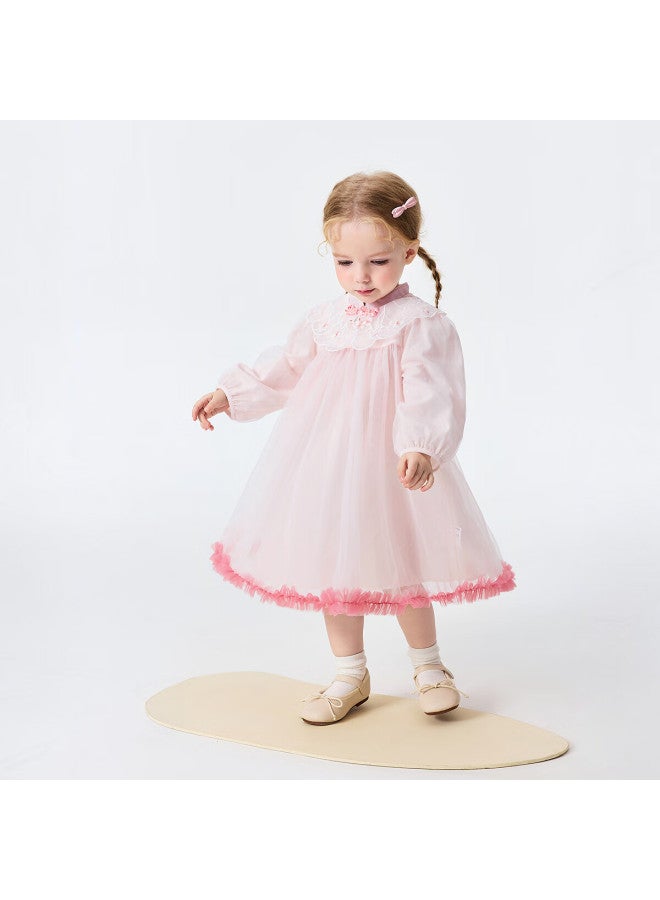 Minibala Girls Baby Soft Skin-friendly Sweet Mesh Embroidered Dress Spring - Image 1