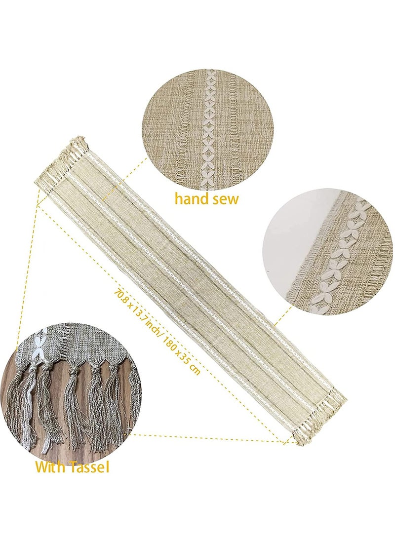 Generic - Braided Farmhouse Table Runner Vintage Woven Table Runner Cotton Linen Table Decorations with Tassel for Dining Party Holiday for Home Bedroom Rustic Wedding Party Coffee Dining 13 x 70 Inches - Image 1