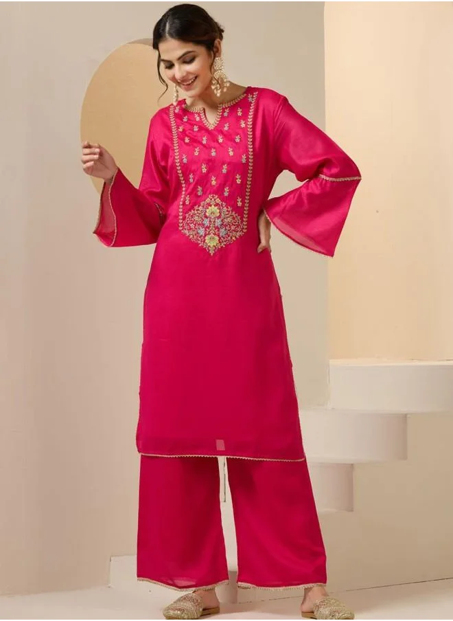 آي شين Three-Fourth Sleeve Women Pink Rayon Kurta Set with Embroidered pattern Tunic and Palazzo features a Round neckline and Three-Fourth Sleeve secured with Elastic closure and styled in Straight Fit ideal for Festive moments — crafted to elevate your special moments.