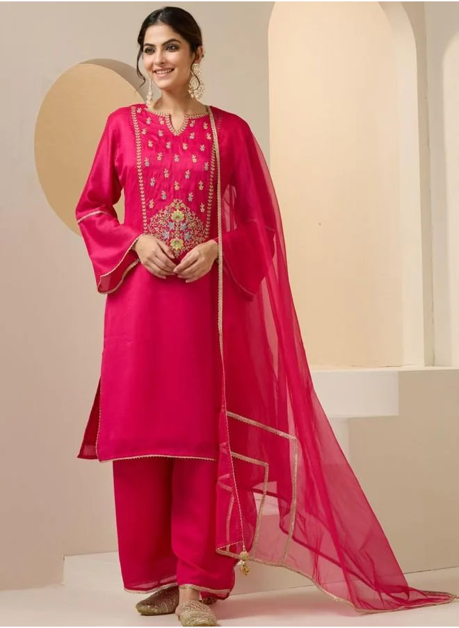 ISHIN Three-Fourth Sleeve Women Pink Rayon Kurta Set with Embroidered pattern Tunic and Palazzo features a Round neckline and Three-Fourth Sleeve secured with Elastic closure and styled in Straight Fit ideal for Festive moments — crafted to elevate your special moments.
