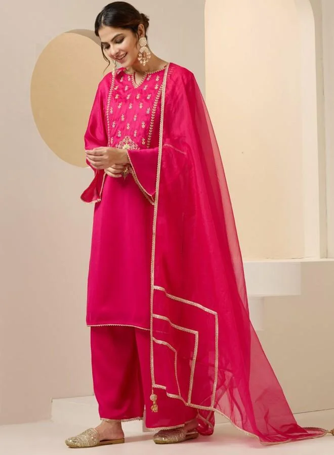 ISHIN Women's Pink Rayon Embroidered Tunic Full Length Palazzo Straight Fit Kurta Set