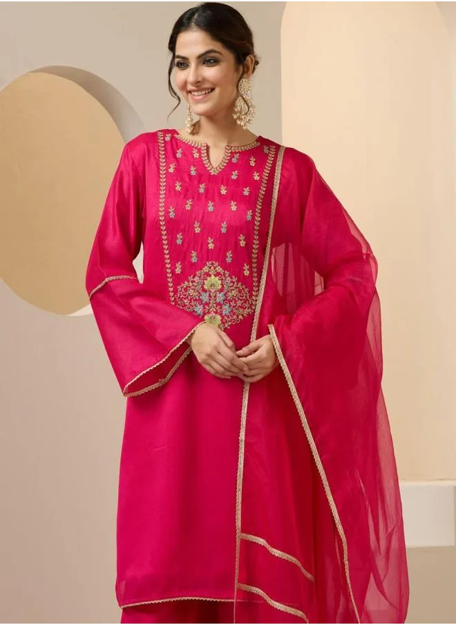ISHIN Three-Fourth Sleeve Women Pink Rayon Kurta Set with Embroidered pattern Tunic and Palazzo features a Round neckline and Three-Fourth Sleeve secured with Elastic closure and styled in Straight Fit ideal for Festive moments — crafted to elevate your special moments.