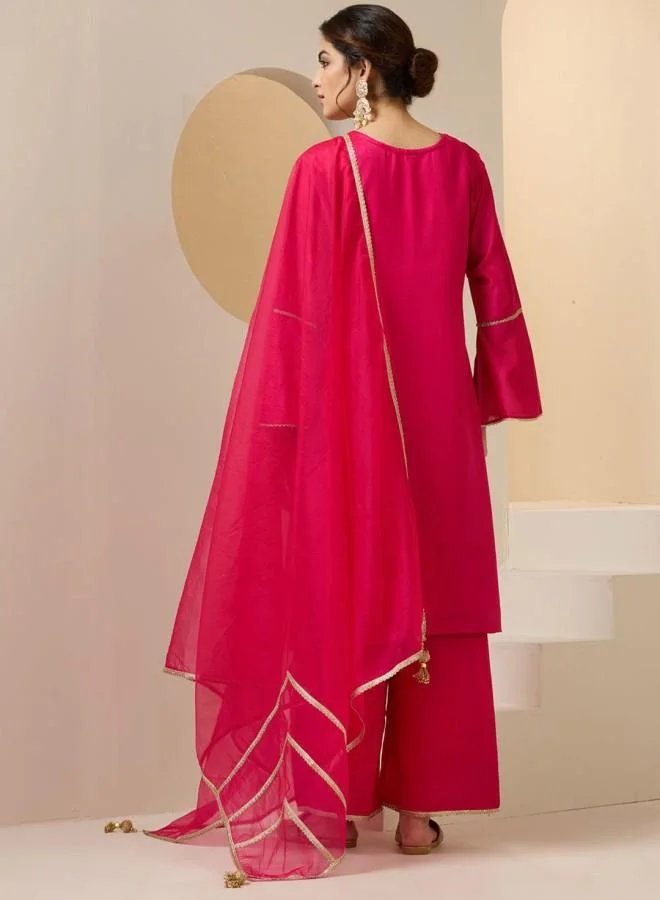 ISHIN Women's Pink Rayon Embroidered Tunic Full Length Palazzo Straight Fit Kurta Set