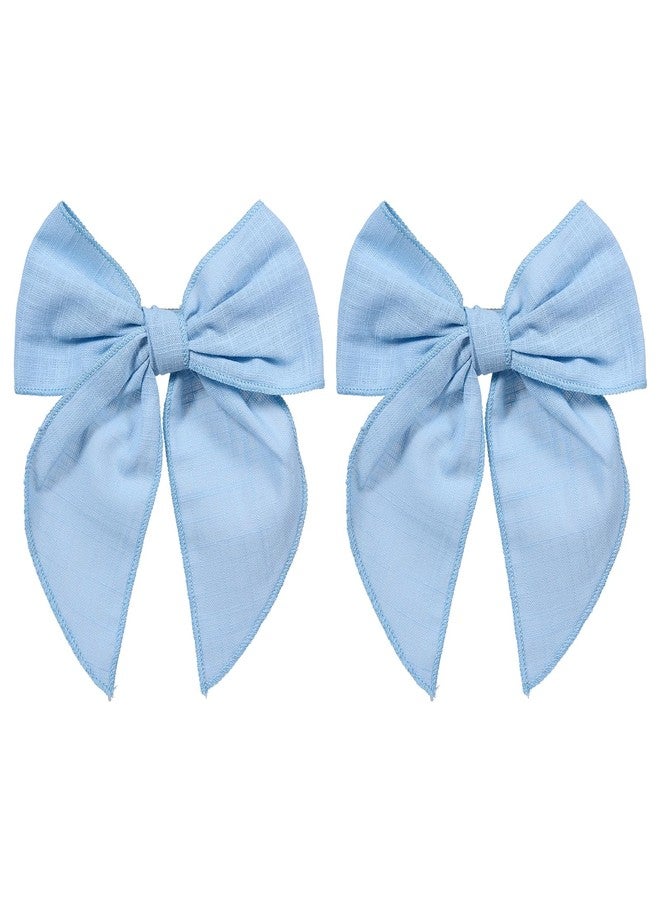 Miroksh 2pc Light Blue Cotton Linen Hair Bows 5.5" Soft Fable Hair Bow Barrettes for Girls Ponytail Sailor Knot Bows Alligator Clip Women Swimsuit Party Accessories Summer Beach Gift - Image 1