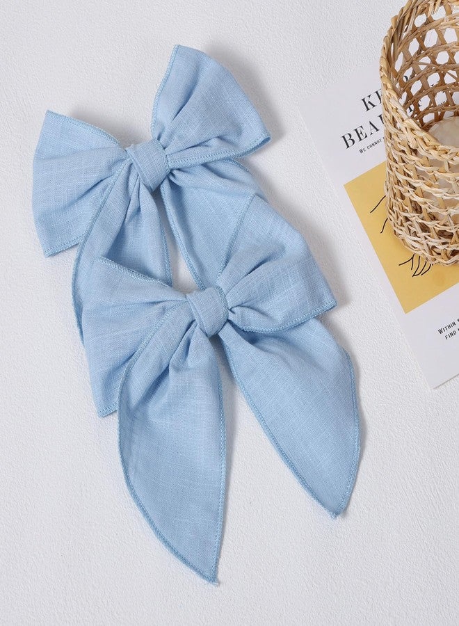 Miroksh 2pc Light Blue Cotton Linen Hair Bows 5.5" Soft Fable Hair Bow Barrettes for Girls Ponytail Sailor Knot Bows Alligator Clip Women Swimsuit Party Accessories Summer Beach Gift - Image 2